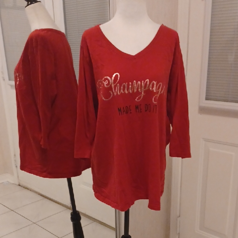 4/$40 Vibrant Red Half-Sleeve "Champagne Made Me Do It" Tee - Size 2X
